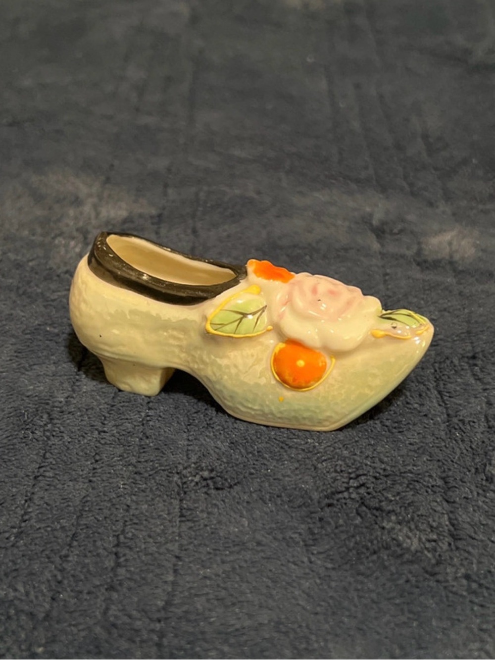 Vintage Decorative Women's Cream Ceramic Shoe with Floral Accents